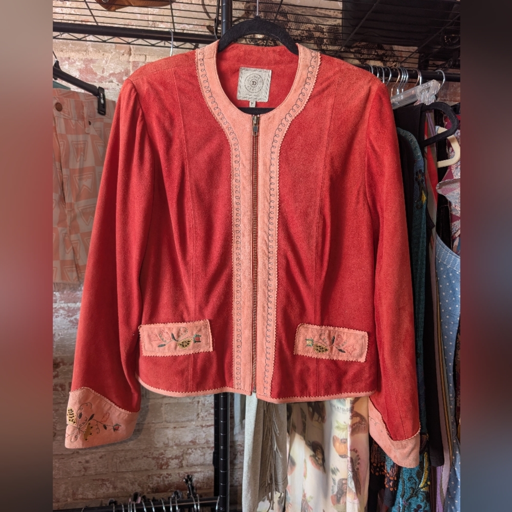 Double D Ranch Red Suede Jacket with Pink Trim